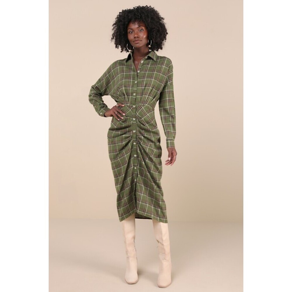 NWT Lulus Green Plaid Ruched Long Sleeve Midi Dress - Size XL